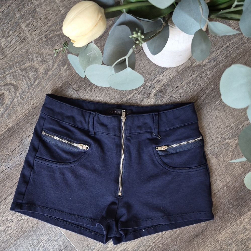 Active USA Navy High-Waist Zip-Front Stretch Shorts